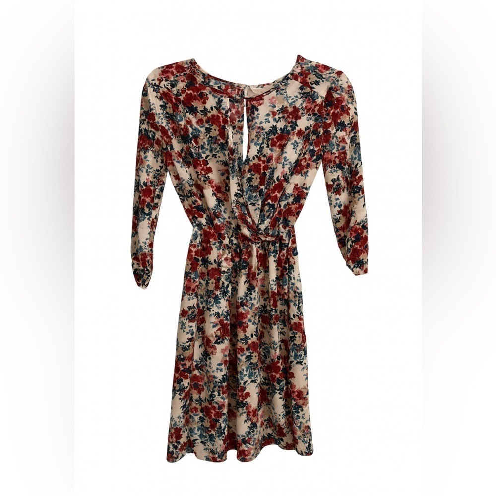 Lush Floral Dress Small Cream Burgundy Navy Boho Romantic Fit & Flare